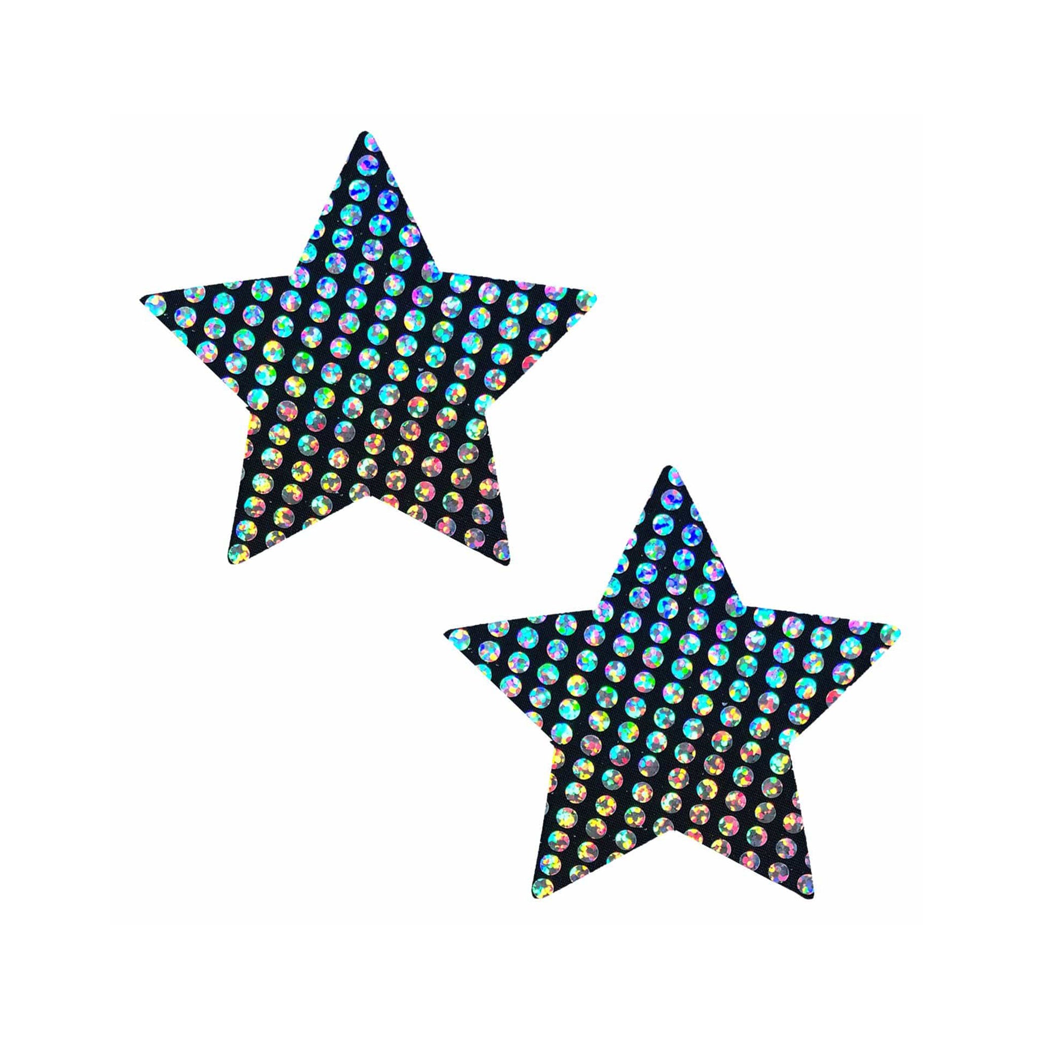 Adhesive medical-grade swimsuit-material felt hypoallergenic latex-free accessories intimates nipple pasties nipple-pasties nipple-covers breast-cover breast-shields star-shaped star disco robot star-wars starry-night sci-fi spacey spacy space intergalactic starry-night dots polka-dots costume cosplay halloween rave ravewear festival clubwear clubbing concert black hologram holographic reflective iridescent pride