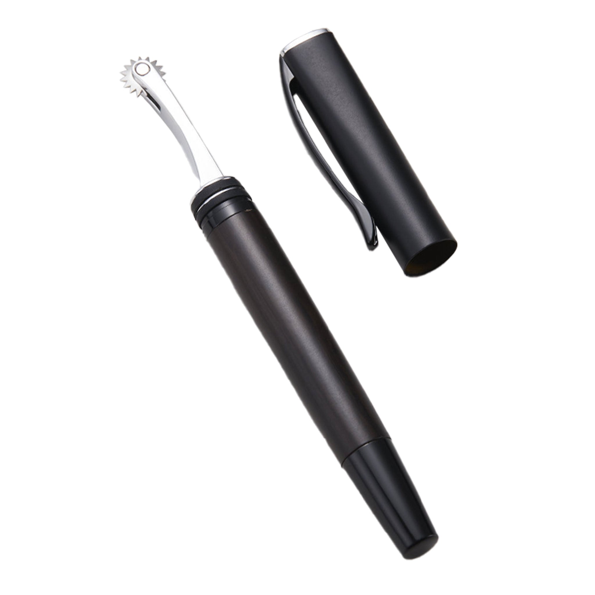 Discreet Wartenberg pinwheel pen, hidden sensation play tool, BDSM mini pinwheel, stainless steel pleasure wheel, kinky foreplay accessory.