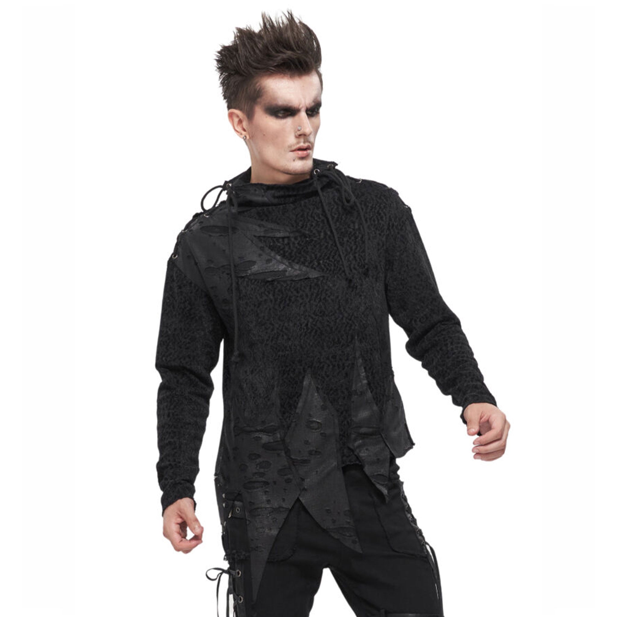 Polyester polyester-knit apparel top shirt longsleeve long-sleeve sleeves sleeved sweater stitched lacing distressed ragged ripped oversized-neckline velvety woolen metal-eyelets irregular asymmetrical-hem warm comfortable versatile edgy soft thick stretchy relaxed unique fashion fashion-forward alt-fashion alternate punk goth gothic steampunk steam-punk modern layered costume cosplay halloween male masculine masc mens guys dudes black