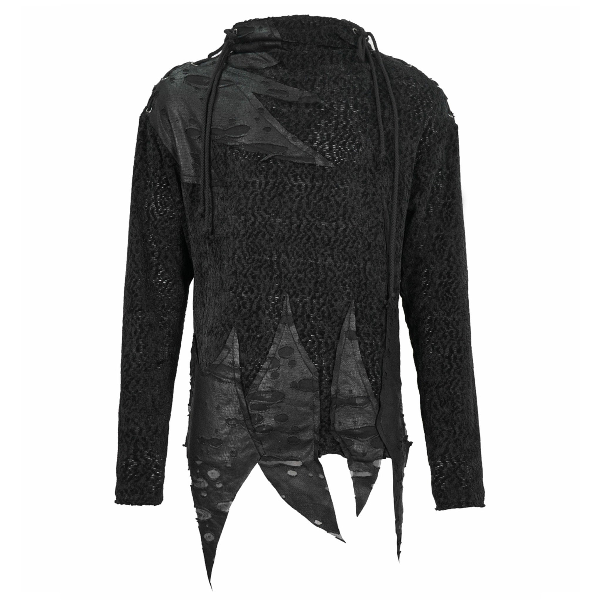 Polyester polyester-knit apparel top shirt longsleeve long-sleeve sleeves sleeved sweater stitched lacing distressed ragged ripped oversized-neckline velvety woolen metal-eyelets irregular asymmetrical-hem warm comfortable versatile edgy soft thick stretchy relaxed unique fashion fashion-forward alt-fashion alternate punk goth gothic steampunk steam-punk modern layered costume cosplay halloween male masculine masc mens guys dudes black
