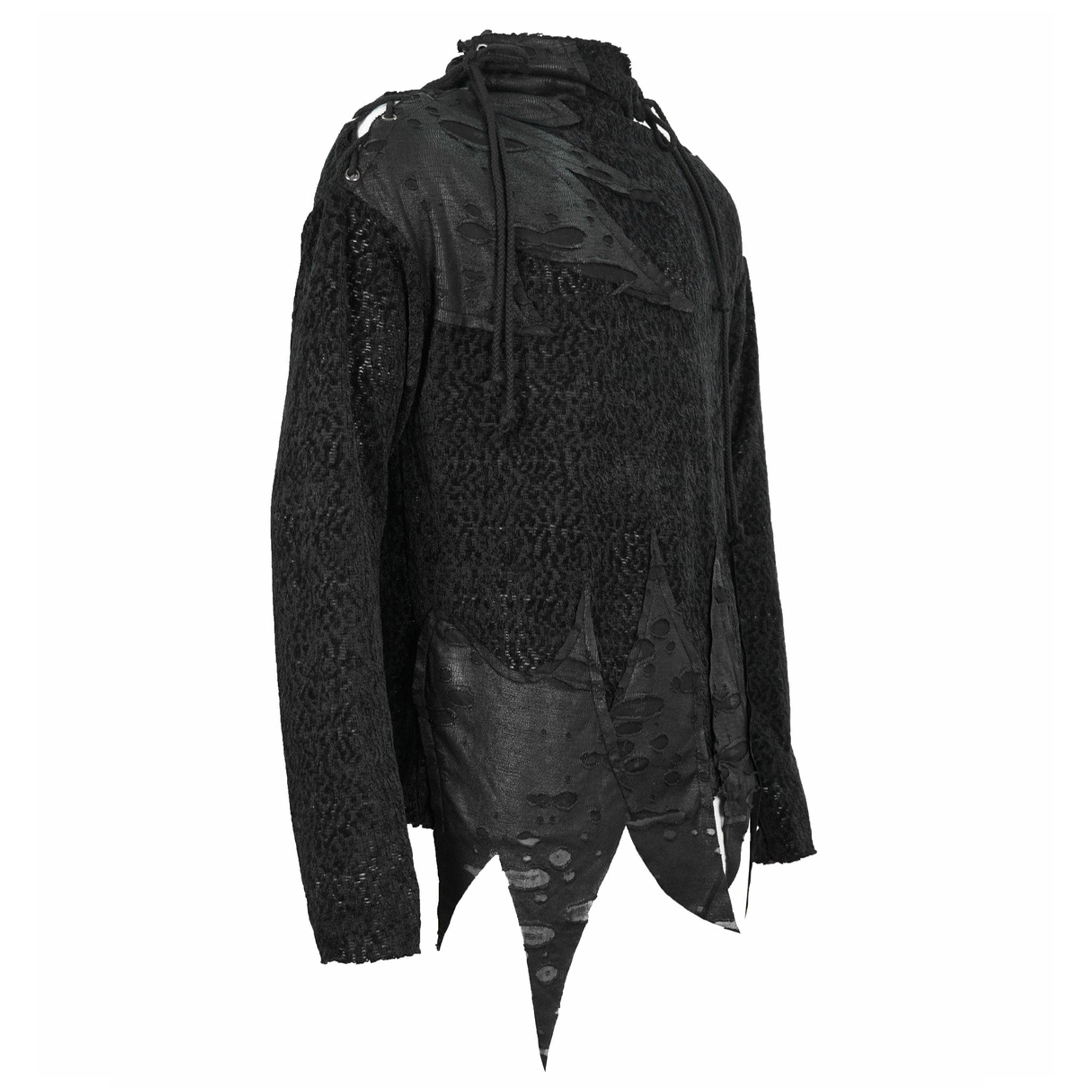 Polyester polyester-knit apparel top shirt longsleeve long-sleeve sleeves sleeved sweater stitched lacing distressed ragged ripped oversized-neckline velvety woolen metal-eyelets irregular asymmetrical-hem warm comfortable versatile edgy soft thick stretchy relaxed unique fashion fashion-forward alt-fashion alternate punk goth gothic steampunk steam-punk modern layered costume cosplay halloween male masculine masc mens guys dudes black