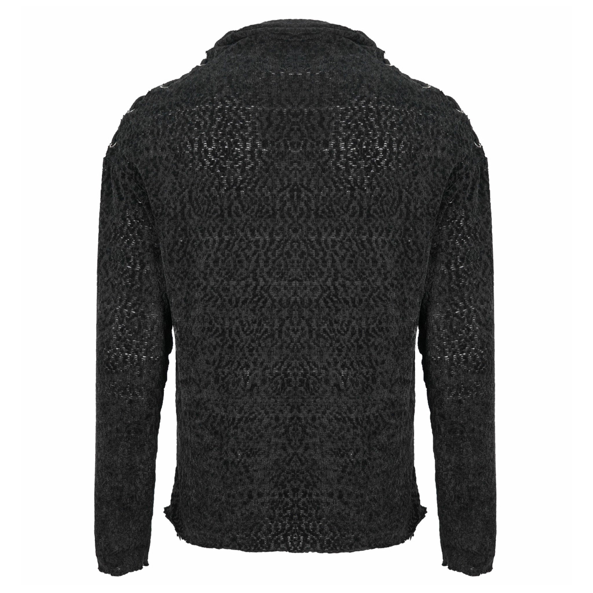 Polyester polyester-knit apparel top shirt longsleeve long-sleeve sleeves sleeved sweater stitched lacing distressed ragged ripped oversized-neckline velvety woolen metal-eyelets irregular asymmetrical-hem warm comfortable versatile edgy soft thick stretchy relaxed unique fashion fashion-forward alt-fashion alternate punk goth gothic steampunk steam-punk modern layered costume cosplay halloween male masculine masc mens guys dudes black
