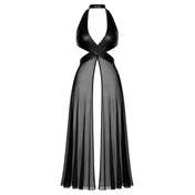 Tulle sheer see-thru transparent wetlook power-wetlook apparel dresses maxi-dress long-dress sleeveless halter-neck wrap-around bodice-top cross-over deep-neckline waist-revealing skirt ankle-length floor-length hook-and-eye back-closure front-closure snap-button crystal-snap sexy shiny glossy flowing hybrid lustrous drama elastic costume cosplay halloween noir-collection female femme feminine womens black