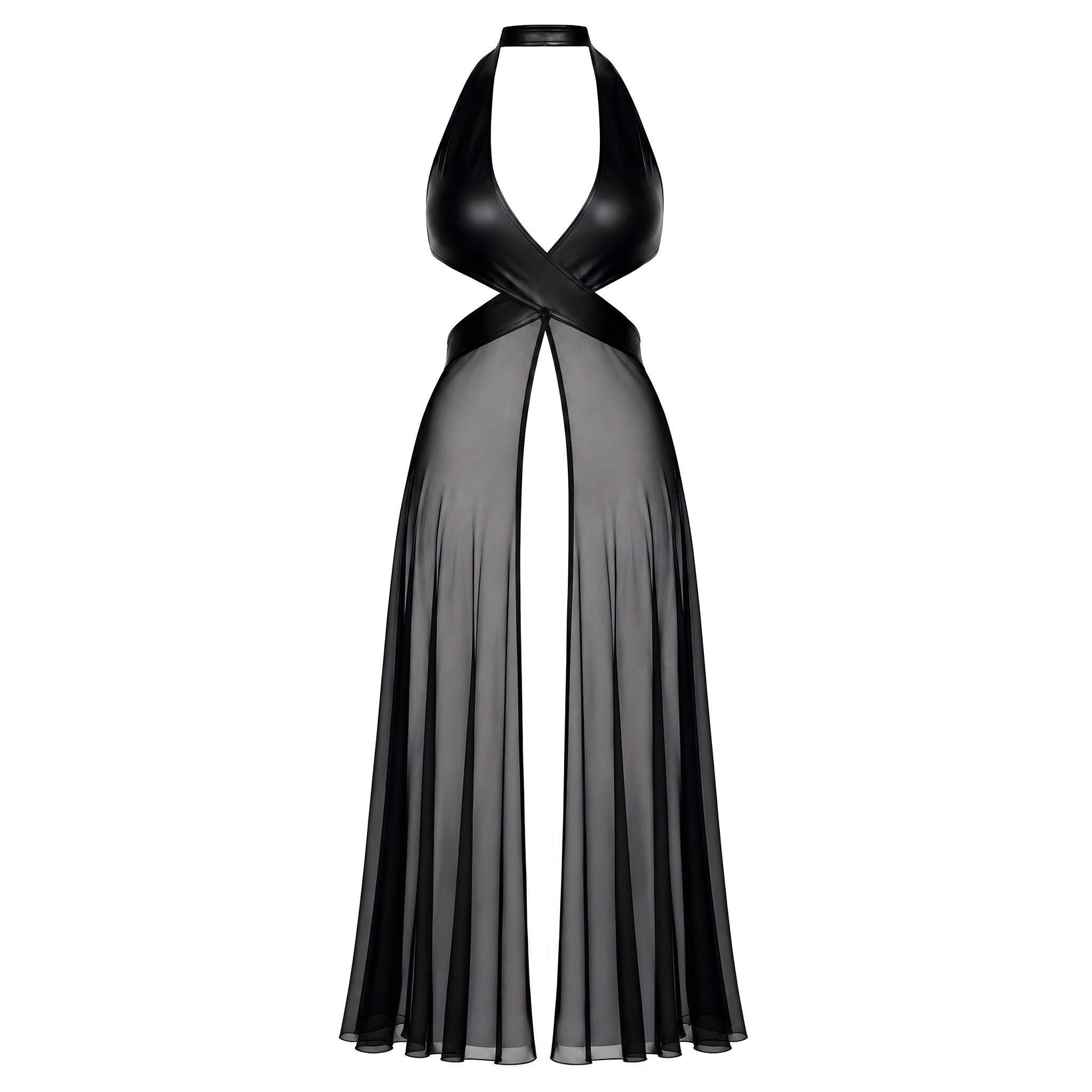 Tulle sheer see-thru transparent wetlook power-wetlook apparel dresses maxi-dress long-dress sleeveless halter-neck wrap-around bodice-top cross-over deep-neckline waist-revealing skirt ankle-length floor-length hook-and-eye back-closure front-closure snap-button crystal-snap sexy shiny glossy flowing hybrid lustrous drama elastic costume cosplay halloween noir-collection female femme feminine womens black