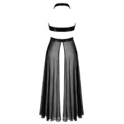Tulle sheer see-thru transparent wetlook power-wetlook apparel dresses maxi-dress long-dress sleeveless halter-neck wrap-around bodice-top cross-over deep-neckline waist-revealing skirt ankle-length floor-length hook-and-eye back-closure front-closure snap-button crystal-snap sexy shiny glossy flowing hybrid lustrous drama elastic costume cosplay halloween noir-collection female femme feminine womens black