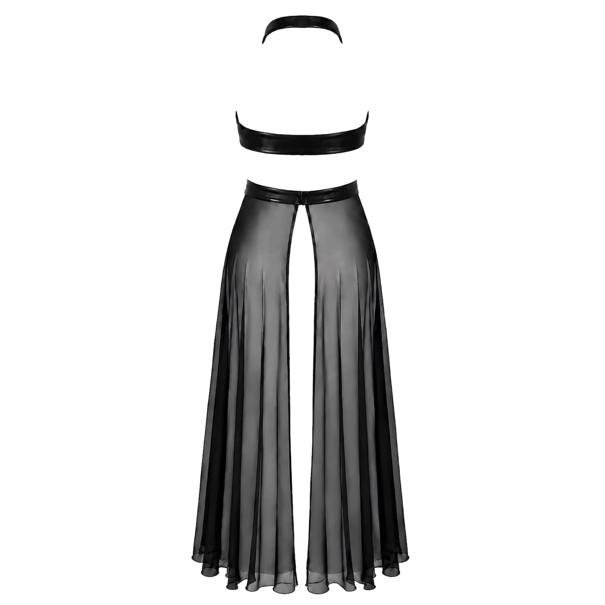 Tulle sheer see-thru transparent wetlook power-wetlook apparel dresses maxi-dress long-dress sleeveless halter-neck wrap-around bodice-top cross-over deep-neckline waist-revealing skirt ankle-length floor-length hook-and-eye back-closure front-closure snap-button crystal-snap sexy shiny glossy flowing hybrid lustrous drama elastic costume cosplay halloween noir-collection female femme feminine womens black