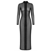 Tulle mesh sheer see-thru transparent velvet grommets apparel dresses maxi-dress long-dress ankle-length tunic-dress long-sleeve sleeves sleeved neckholder high-collar back-closure hook-and-eye lace-up nylon-cording adjustable silhouette sexy flowing naughty stretchy dimension drama fetish fashion alt-fashion alternative goth gothic bedroom dungeon festival clubwear clubbing bondage bdsm bdsm-fashion kink kinky kinkwear costume cosplay halloween noir-collection female femme feminine womens black