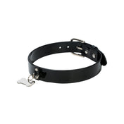 Leather patent-leather accessories collar dog-collar choker adjustable buckle bone-pendant stylish sassy durable comfort security playful eye-catching edgy fun fetish fashion alt-fashion punk casual everyday bondage bdsm bdsm-toys bdsm-gear kink kinky kinky-play pet-play pet-training pup puppy pup-play dog dog-bone unisex black
