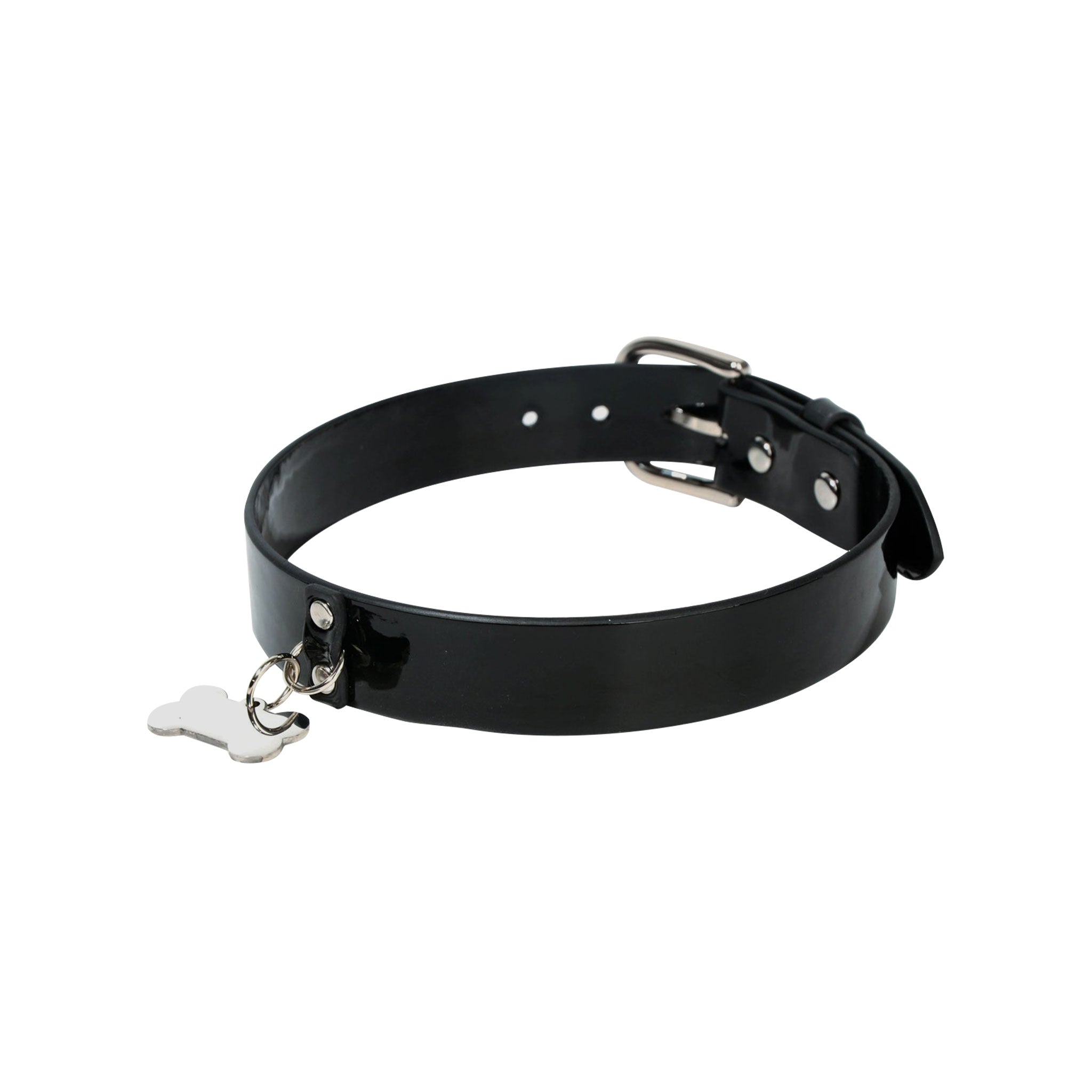 Leather patent-leather accessories collar dog-collar choker adjustable buckle bone-pendant stylish sassy durable comfort security playful eye-catching edgy fun fetish fashion alt-fashion punk casual everyday bondage bdsm bdsm-toys bdsm-gear kink kinky kinky-play pet-play pet-training pup puppy pup-play dog dog-bone unisex black