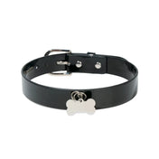 Leather patent-leather accessories collar dog-collar choker adjustable buckle bone-pendant stylish sassy durable comfort security playful eye-catching edgy fun fetish fashion alt-fashion punk casual everyday bondage bdsm bdsm-toys bdsm-gear kink kinky kinky-play pet-play pet-training pup puppy pup-play dog dog-bone unisex black