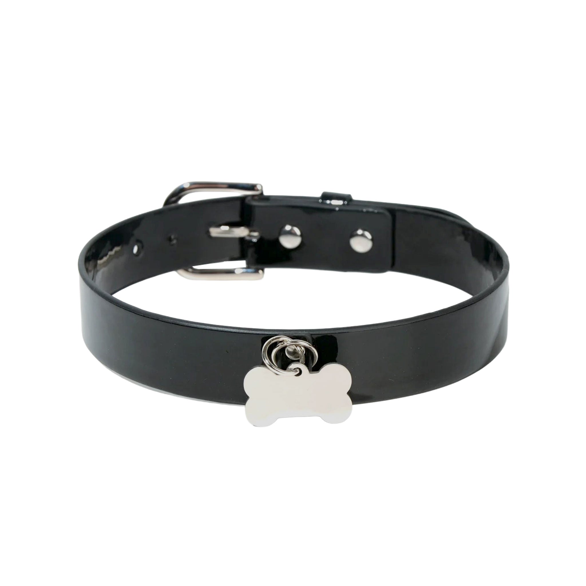 Leather patent-leather accessories collar dog-collar choker adjustable buckle bone-pendant stylish sassy durable comfort security playful eye-catching edgy fun fetish fashion alt-fashion punk casual everyday bondage bdsm bdsm-toys bdsm-gear kink kinky kinky-play pet-play pet-training pup puppy pup-play dog dog-bone unisex black