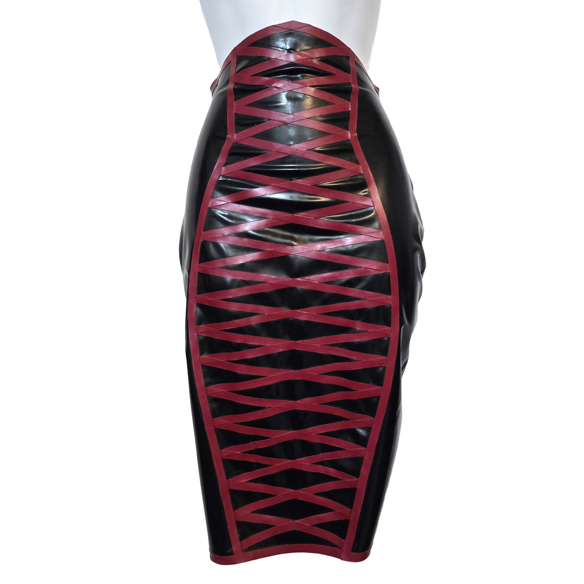 Latex rubber apparel bottoms skirts midi-skirt false-lacing trimline trim-line pointed-waistband zipper back-zip full-zip shiny glossy curve-hugging criss-cross fetish fashion alt-fashion alternative clubwear fancy elegant bondage bdsm bdsm-fashion kink kinky kinkwear costume cosplay halloween dolce-vita female femme feminine womens black-plum