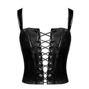 PVC vinyl top corset cincher corset-top overbust sleeveless shoulder-straps wide-straps deep-front cleavage peekaboo peek-a-boo lace-up front-laceup back-zip zipper full-length adjustable customizable versatile shiny glossy stretchy bold daring flattering edgy flexible contouring comfortable body-hugging striking fetish fashion alt-fashion fashion-forward bdsm bdsm-fashion bondage domme domina dominatrix female femme feminine womens black
