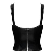 PVC vinyl top corset cincher corset-top overbust sleeveless shoulder-straps wide-straps deep-front cleavage peekaboo peek-a-boo lace-up front-laceup back-zip zipper full-length adjustable customizable versatile shiny glossy stretchy bold daring flattering edgy flexible contouring comfortable body-hugging striking fetish fashion alt-fashion fashion-forward bdsm bdsm-fashion bondage domme domina dominatrix female femme feminine womens black