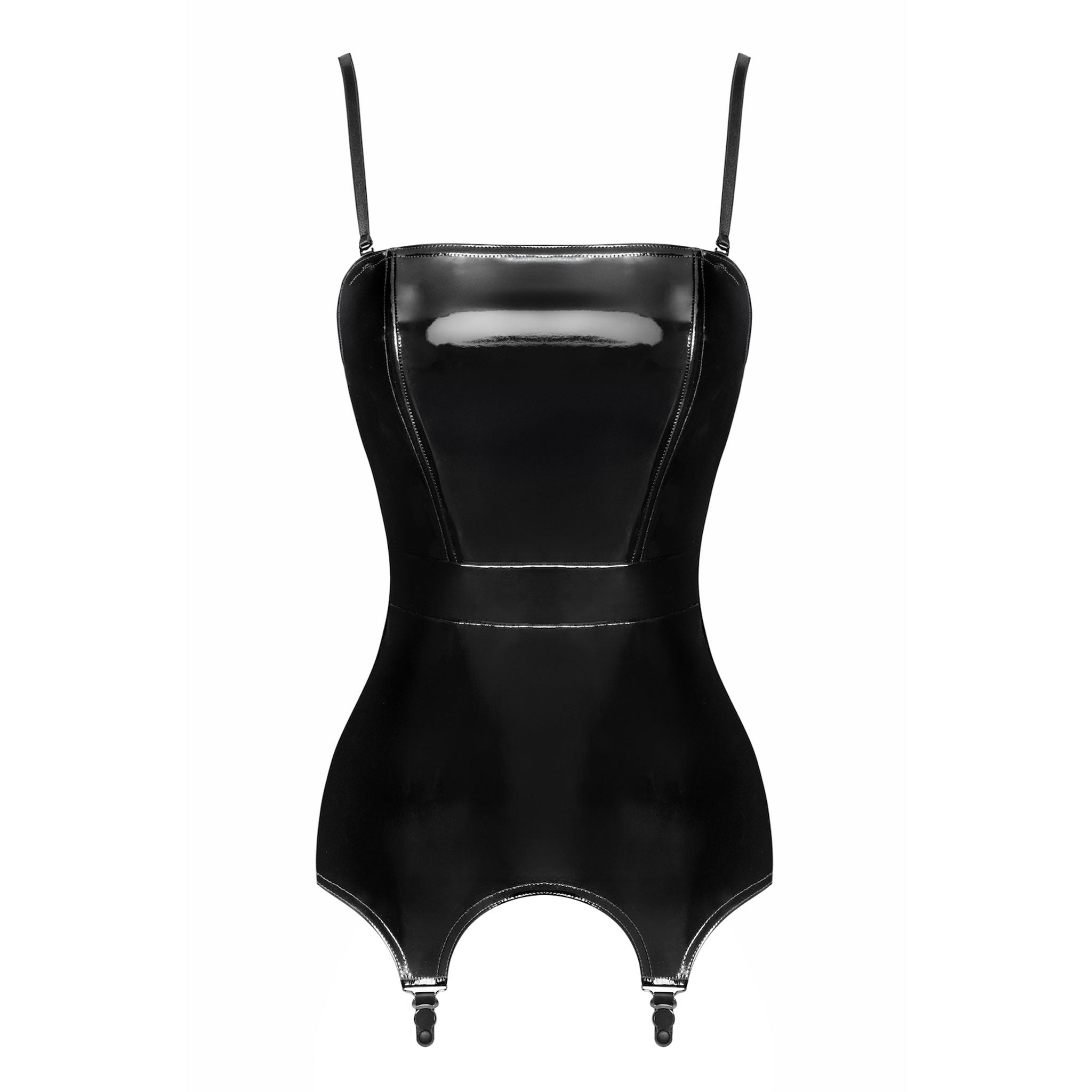PVC vinyl top dress minidress mini-dress strapless detachable-straps corset cincher garter-belt slide-clips suspenders boning adjustable swanhook swan-hook back-zip zipper 2way 2-way two-way invisible-zip waterproof-zip shiny glossy high-gloss bold sensual unapologetic stylish figure-hugging body-enhancing seductive sculpting tailored-fit fetish fashion alt-fashion bdsm bondage domme domina dominatrix female femme feminine womens black