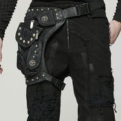 Polyamide twill nylon plastic bag leg-bag compact lightweight versatile ergonomic durable pockets external-pockets multi-functional multifunctional webbing safety-clip pyramid-stud dome-stud round-stud studded rivets zip zipper skull-detail bold unique alt-fashion fashion punk punk-inspired doomsday post-apocalyptic brush-detail costume cosplay halloween unisex black