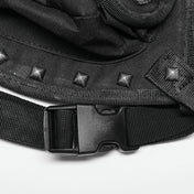 Polyamide twill nylon plastic bag leg-bag compact lightweight versatile ergonomic durable pockets external-pockets multi-functional multifunctional webbing safety-clip pyramid-stud dome-stud round-stud studded rivets zip zipper skull-detail bold unique alt-fashion fashion punk punk-inspired doomsday post-apocalyptic brush-detail costume cosplay halloween unisex black