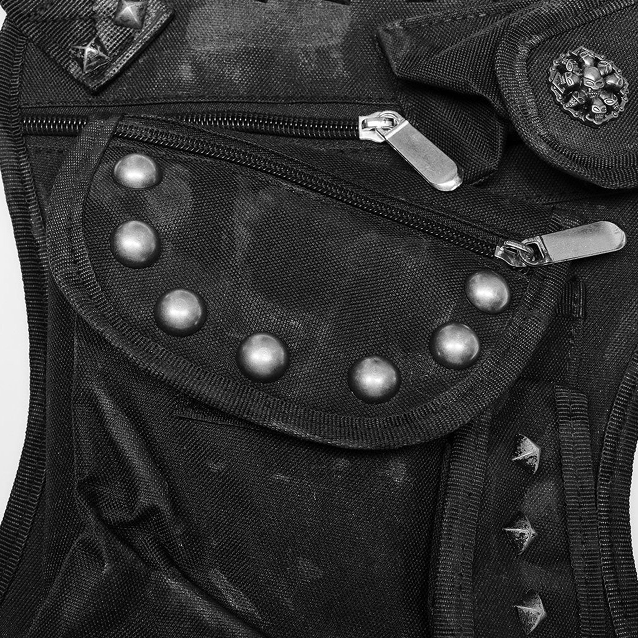 Polyamide twill nylon plastic bag leg-bag compact lightweight versatile ergonomic durable pockets external-pockets multi-functional multifunctional webbing safety-clip pyramid-stud dome-stud round-stud studded rivets zip zipper skull-detail bold unique alt-fashion fashion punk punk-inspired doomsday post-apocalyptic brush-detail costume cosplay halloween unisex black