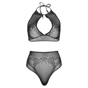 Nylon spandex fishnet fishnet-pattern sheer transparent lace dotted-lace apparel intimates lingerie lingerie-set 2pc 2-pc 2-piece two-piece bra bralette croptop crop-top halter halter-style bottoms panty thong high-waist exquisite delicate intricate flirty flattering sexy breathable stretchy fashion alt-fashion female femme feminine womens black