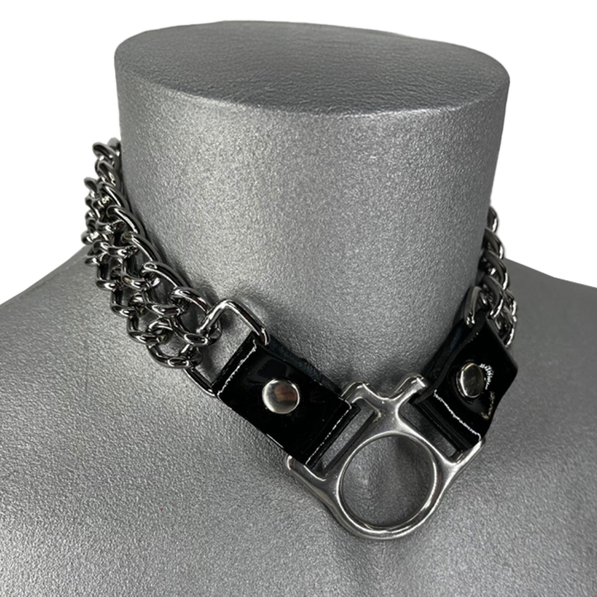 Leather latigo patent chain metallic collar choker v-shaped buckle fashion fetish-fashion kinky punk unisex accessories black