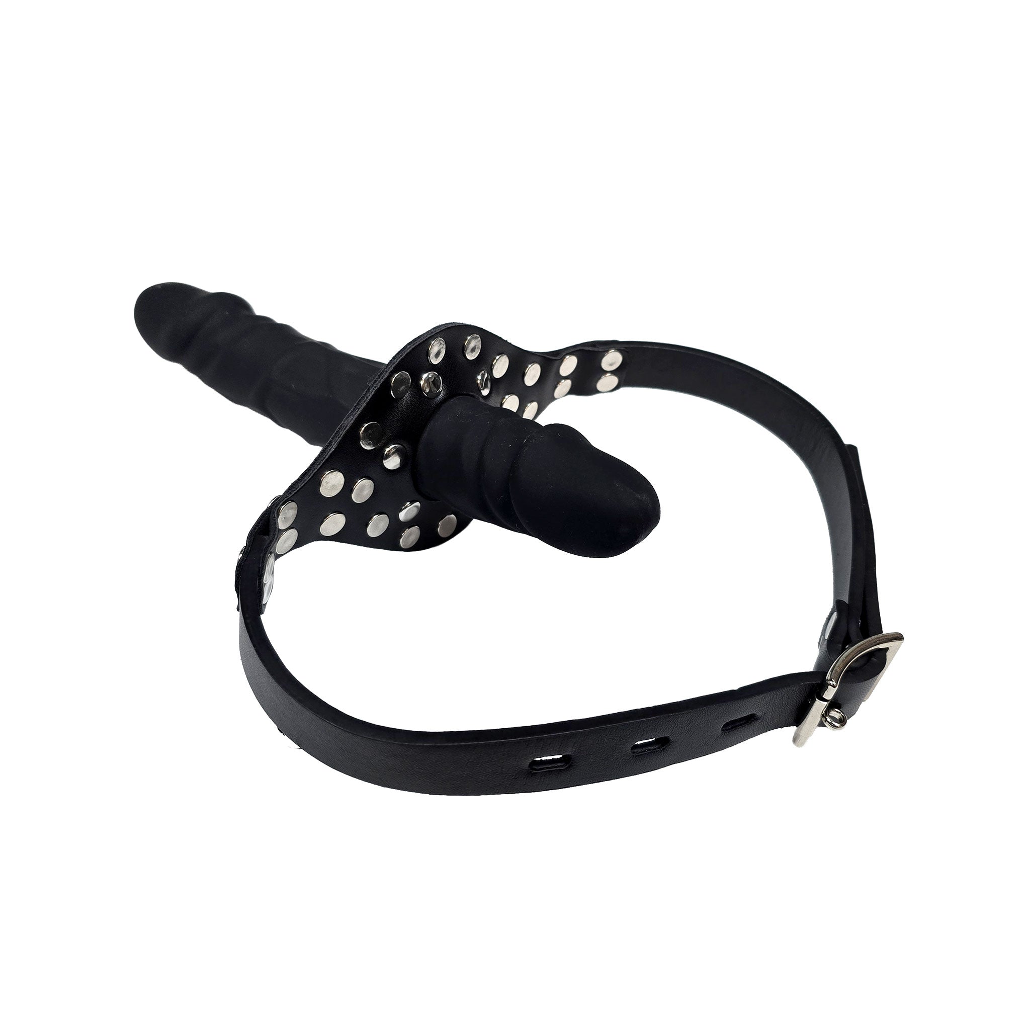 Silicone leather faux-leather accessories gag mouth-gag dildo-gag double-sided realistic sculpted oral-sex blowjob blow-job face-mounted mouth-shield riveted adjustable buckle lockable locking soft flexible fetish fashion alt-fashion alternative bedroom dungeon bondage bdsm bdsm-gear bdsm-toys kink kinky kinky-toys kinky-play sub submissive costume cosplay halloween adult-toys unisex black