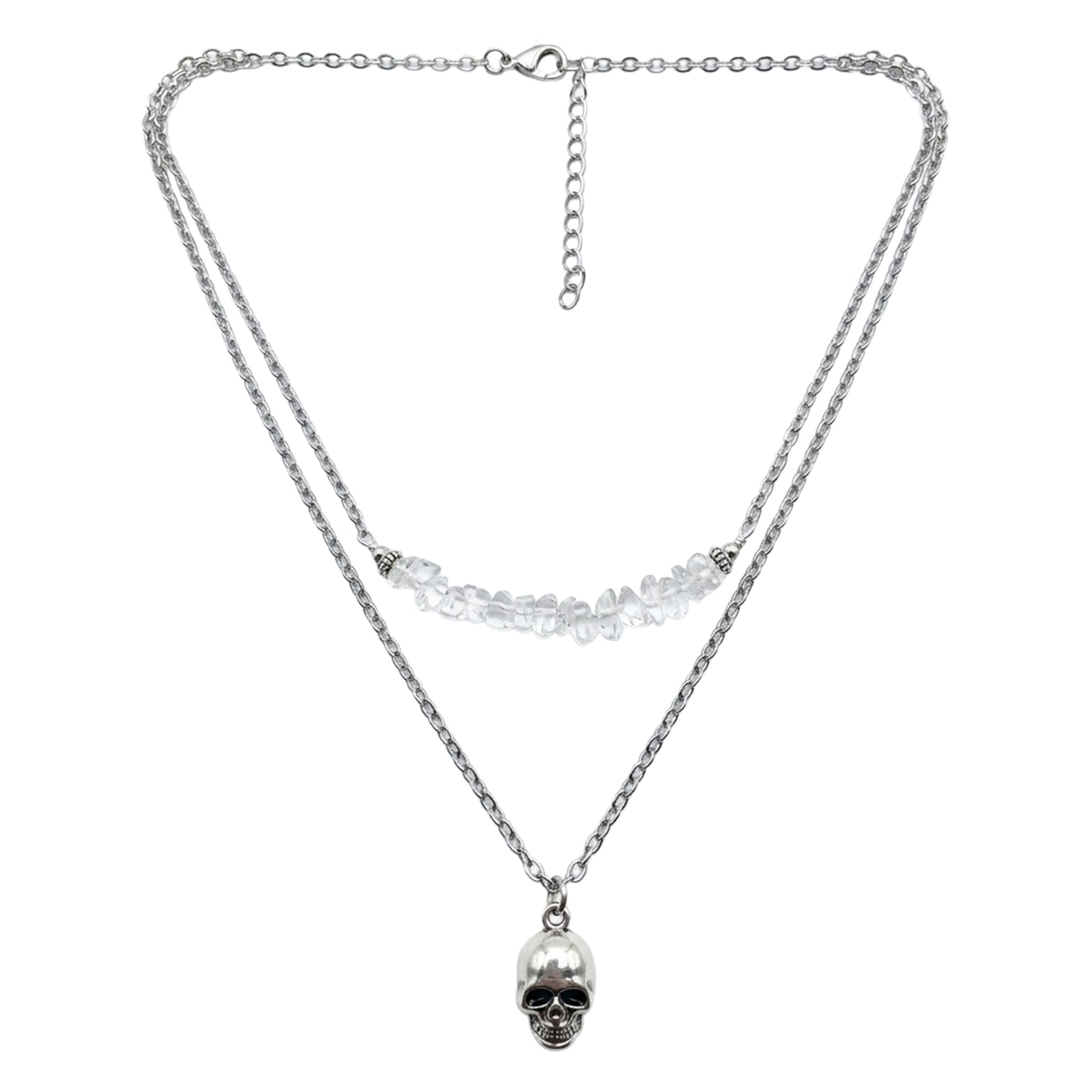 Quartz crystal-quartz quartz-chips silver-plated stainless-steel hanging-chain accessories jewelry natural-jewelry necklace choker dual-layer double-layer skull skull-charm positive-energy mental-balance clarity stylish fashion alt-fashion goth gothic goth-doll gift costume cosplay halloween skeleton spooky unisex clear silver