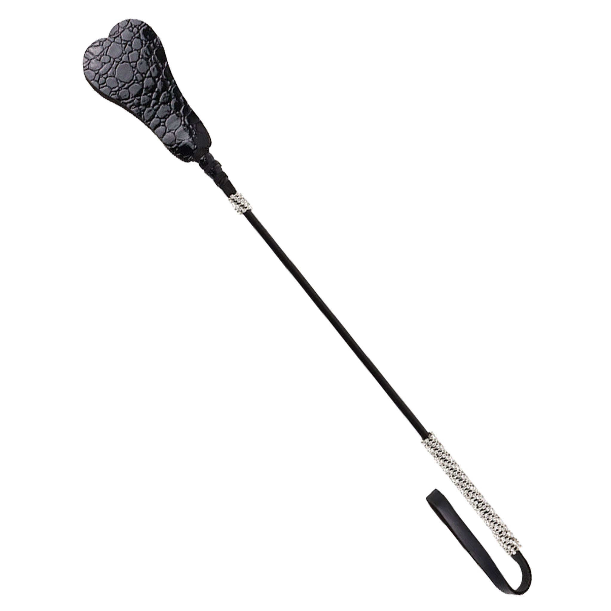 Leather faux-leather rhinestone accessories riding-crop popper slapper heart-shaped double-heart rhinestone-handle medium-stiff glam stylish sparkly dazzling luxe luxurious lightweight playful bondage bdsm bdsm-toys kink kinky kinky-toys impact-play spanking pain discipline punishment valentine be-mine must-have unisex black alligator