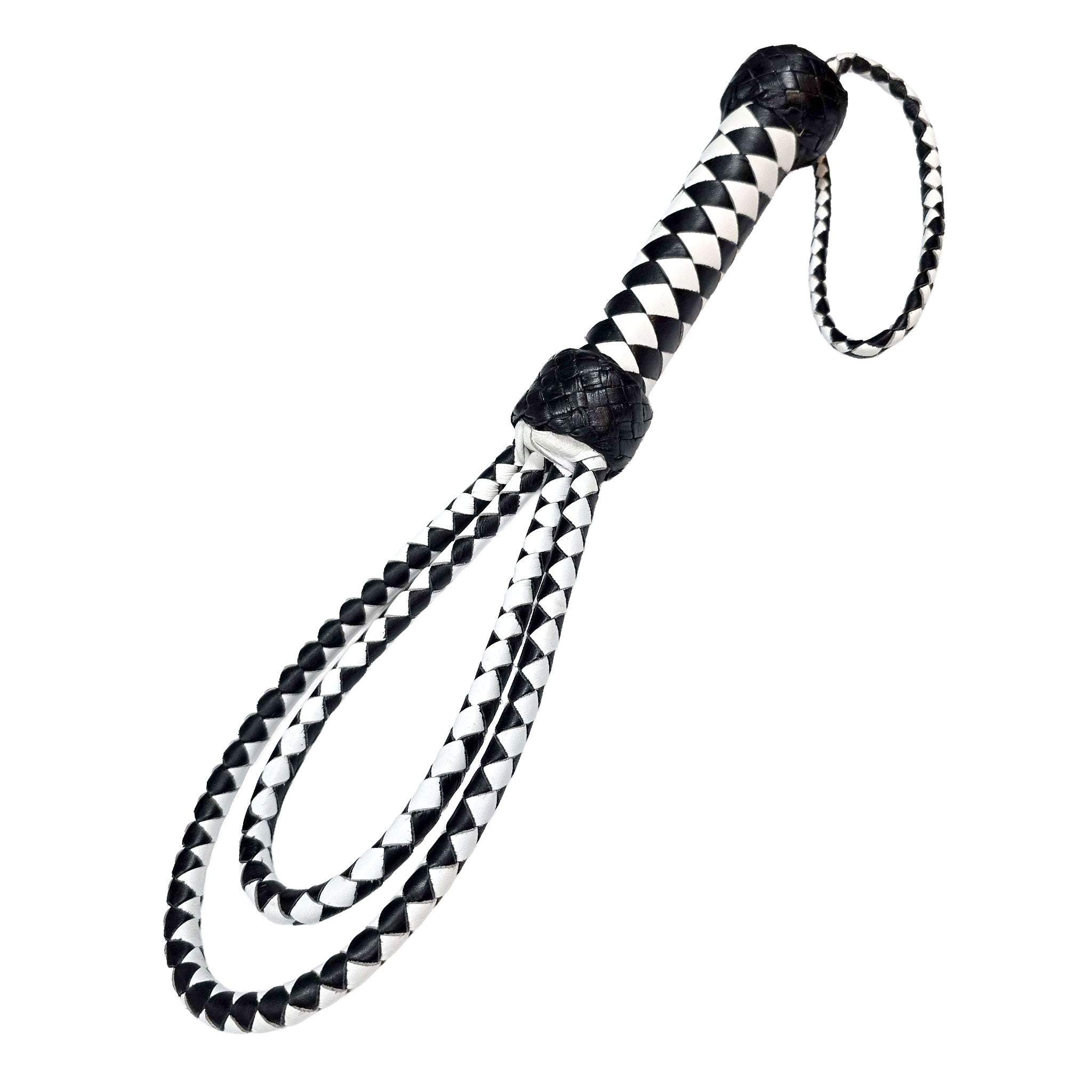 Leather genuine-leather braided-leather accessories whip flogger slapper double-loop nested-loop braided-loop braided-handle ergonomic beautiful lightweight light-weight durable bondage bdsm bdsm-toys bdsm-gear sadism sadist masochism masochist sadomasochism sadomasochist kink kinky kinky-play kinky-toys impact impact-toys impact-play punishment stinging pain discipline adult-toys unisex black-and-white