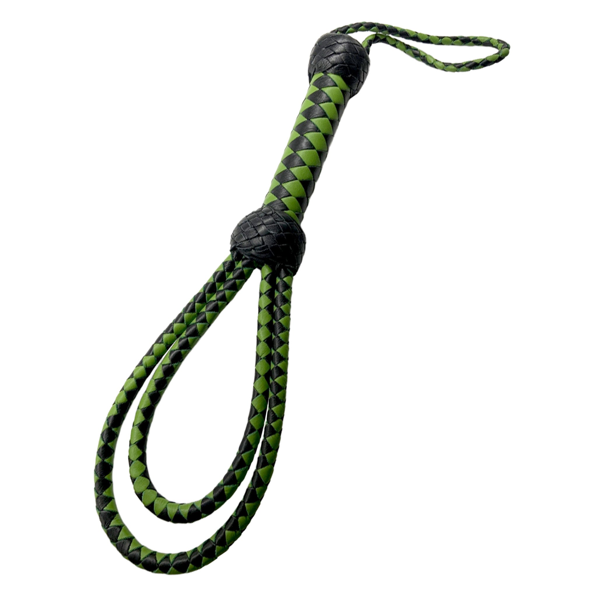 Leather genuine-leather braided-leather accessories whip flogger slapper double-loop nested-loop braided-loop braided-handle ergonomic beautiful lightweight light-weight durable bondage bdsm bdsm-toys bdsm-gear sadism sadist masochism masochist sadomasochism sadomasochist kink kinky kinky-play kinky-toys impact impact-toys impact-play punishment stinging pain discipline adult-toys unisex green-and-black