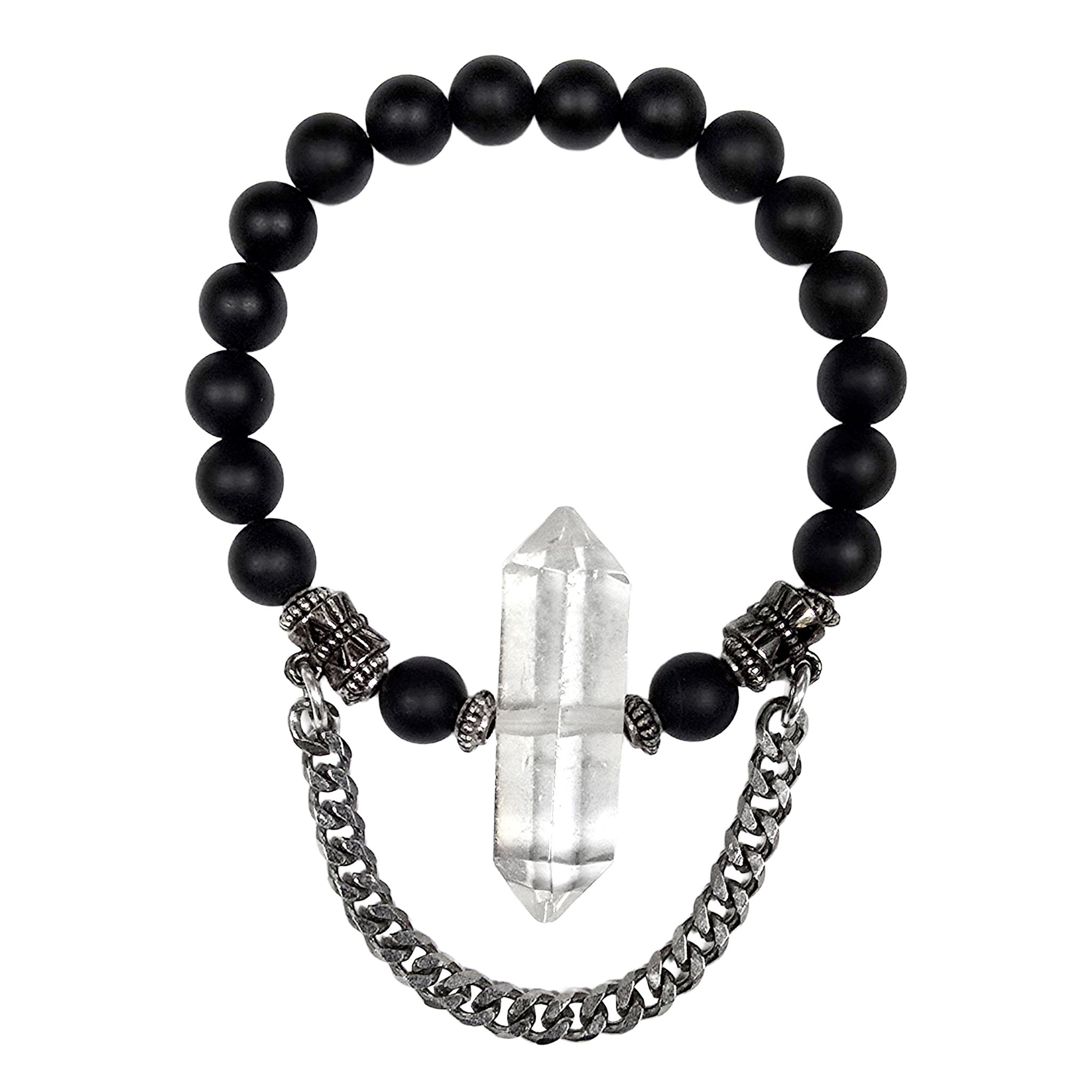 Stainless-steel hanging-chain curb-chain crystal-quartz clear-quartz onyx accessories jewelry natural-jewelry bracelet healing-crystal double-point double-terminated beaded adjustable stretchy matte-glossy chic edgy trendy stylish fashion alt-fashion boho bohemian boho-chic punk goth gothic festival witch fairy mermaid viking celtic gift unisex silver black clear