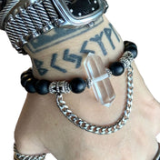 Stainless-steel hanging-chain curb-chain crystal-quartz clear-quartz onyx accessories jewelry natural-jewelry bracelet healing-crystal double-point double-terminated beaded adjustable stretchy matte-glossy chic edgy trendy stylish fashion alt-fashion boho bohemian boho-chic punk goth gothic festival witch fairy mermaid viking celtic gift unisex silver black clear
