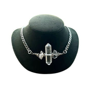 Quartz crystal-quartz herkimer-diamond stainless-steel cuban-link chain accessories jewelry natural-jewelry necklace choker double-point gems healing-gems energy-stones crystal-lovers protection shiny sparkly nickel-free hypoallergenic fashion alt-fashion alternative bohemian boho boho-chic hippie clubbing festivalwear date-night party prom fairy fantasy punk edgy trendy stylish costume cosplay halloween gift unisex clear silver