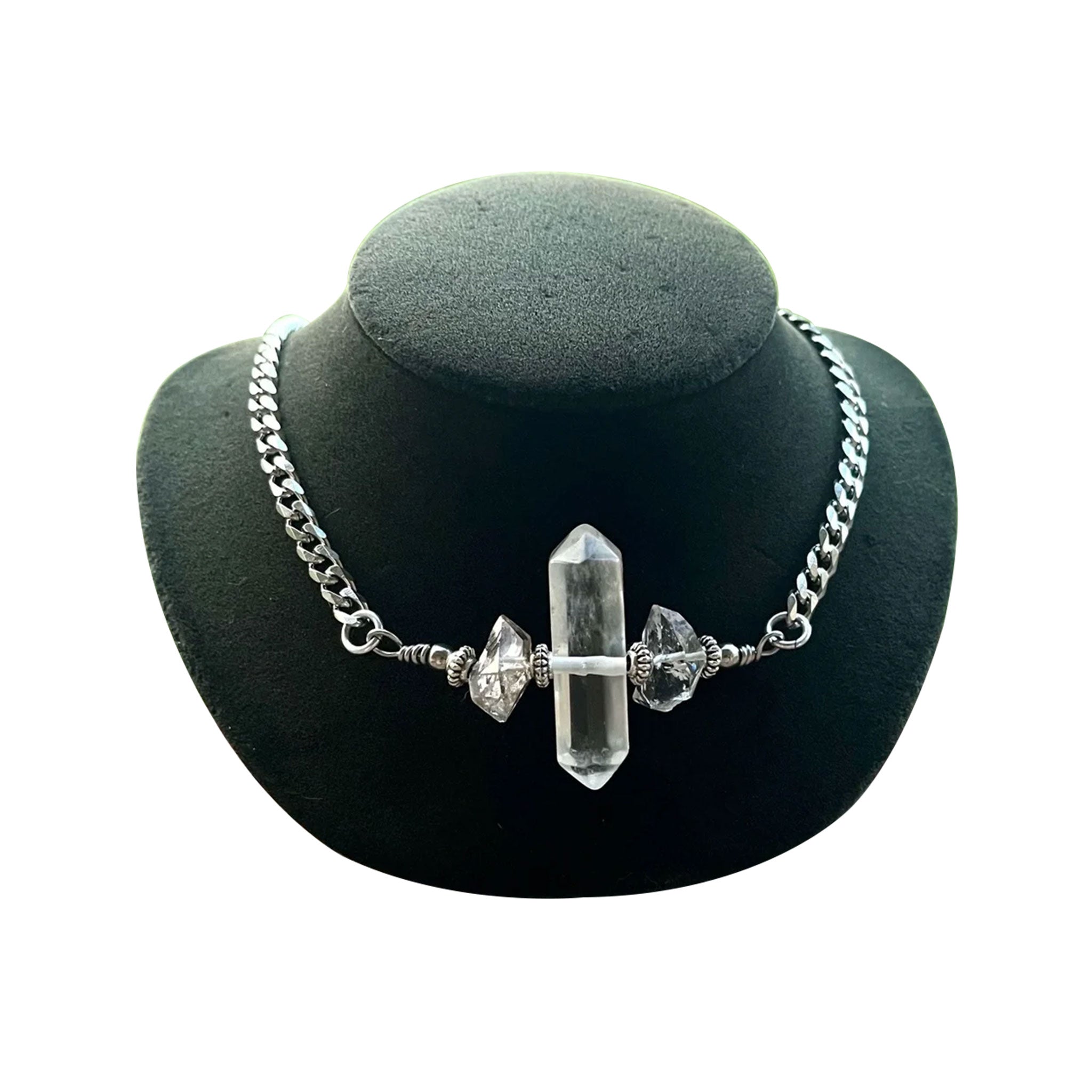 Quartz crystal-quartz herkimer-diamond stainless-steel cuban-link chain accessories jewelry natural-jewelry necklace choker double-point gems healing-gems energy-stones crystal-lovers protection shiny sparkly nickel-free hypoallergenic fashion alt-fashion alternative bohemian boho boho-chic hippie clubbing festivalwear date-night party prom fairy fantasy punk edgy trendy stylish costume cosplay halloween gift unisex clear silver
