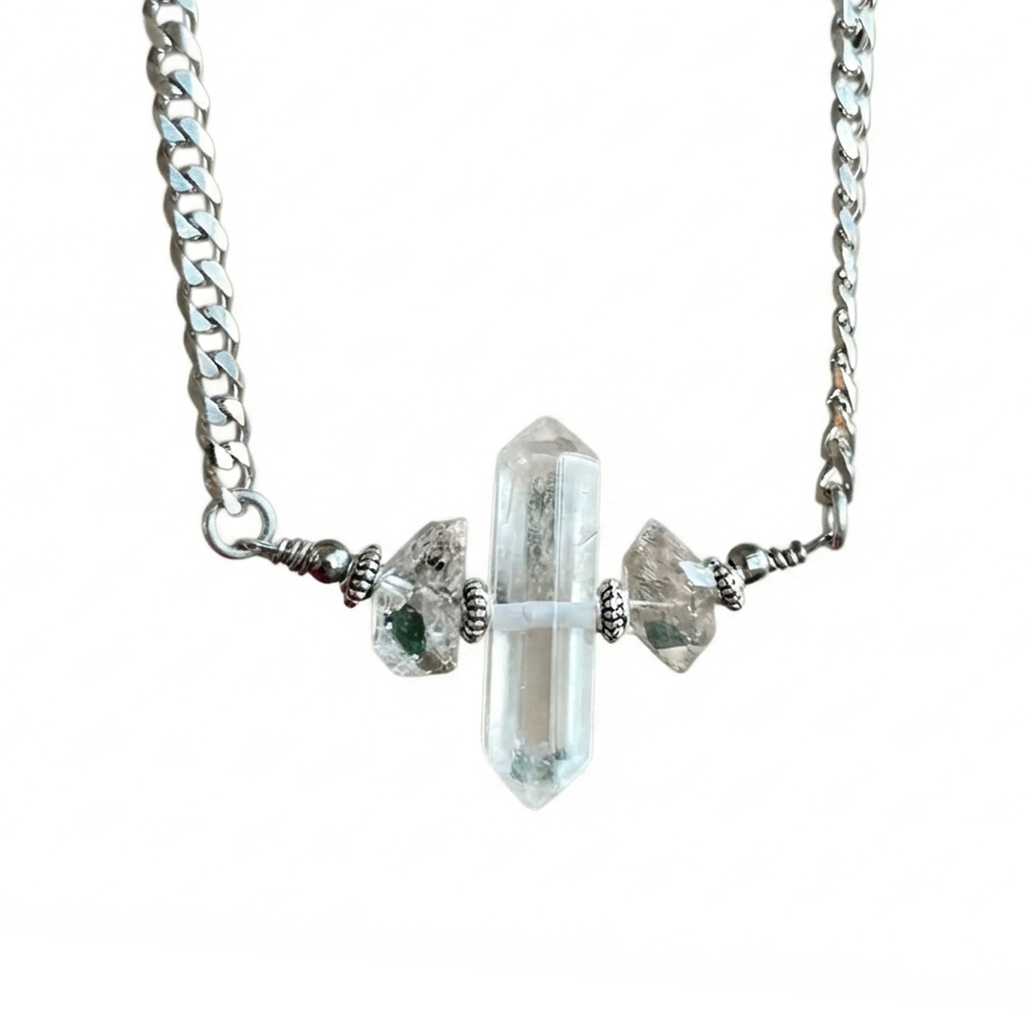Quartz crystal-quartz herkimer-diamond stainless-steel cuban-link chain accessories jewelry natural-jewelry necklace choker double-point gems healing-gems energy-stones crystal-lovers protection shiny sparkly nickel-free hypoallergenic fashion alt-fashion alternative bohemian boho boho-chic hippie clubbing festivalwear date-night party prom fairy fantasy punk edgy trendy stylish costume cosplay halloween gift unisex clear silver