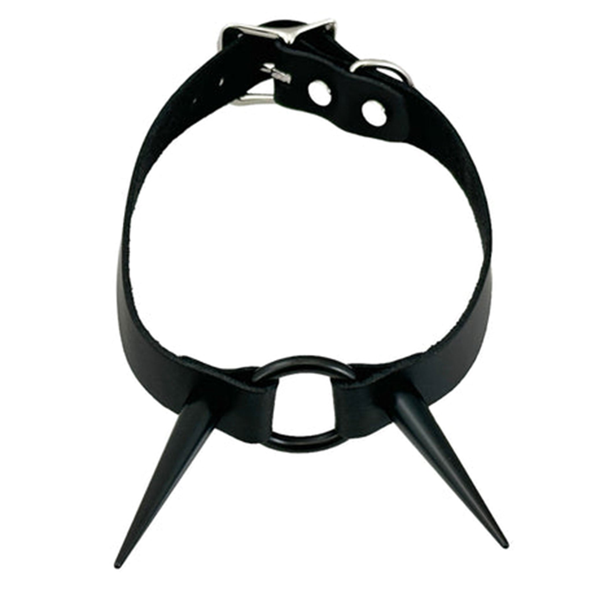 Leather genuine collar choker spike spikes spiked pin long O-ring adjustable buckle alt-fashion fetish-fashion bondage bdsm fetish kink accessories black