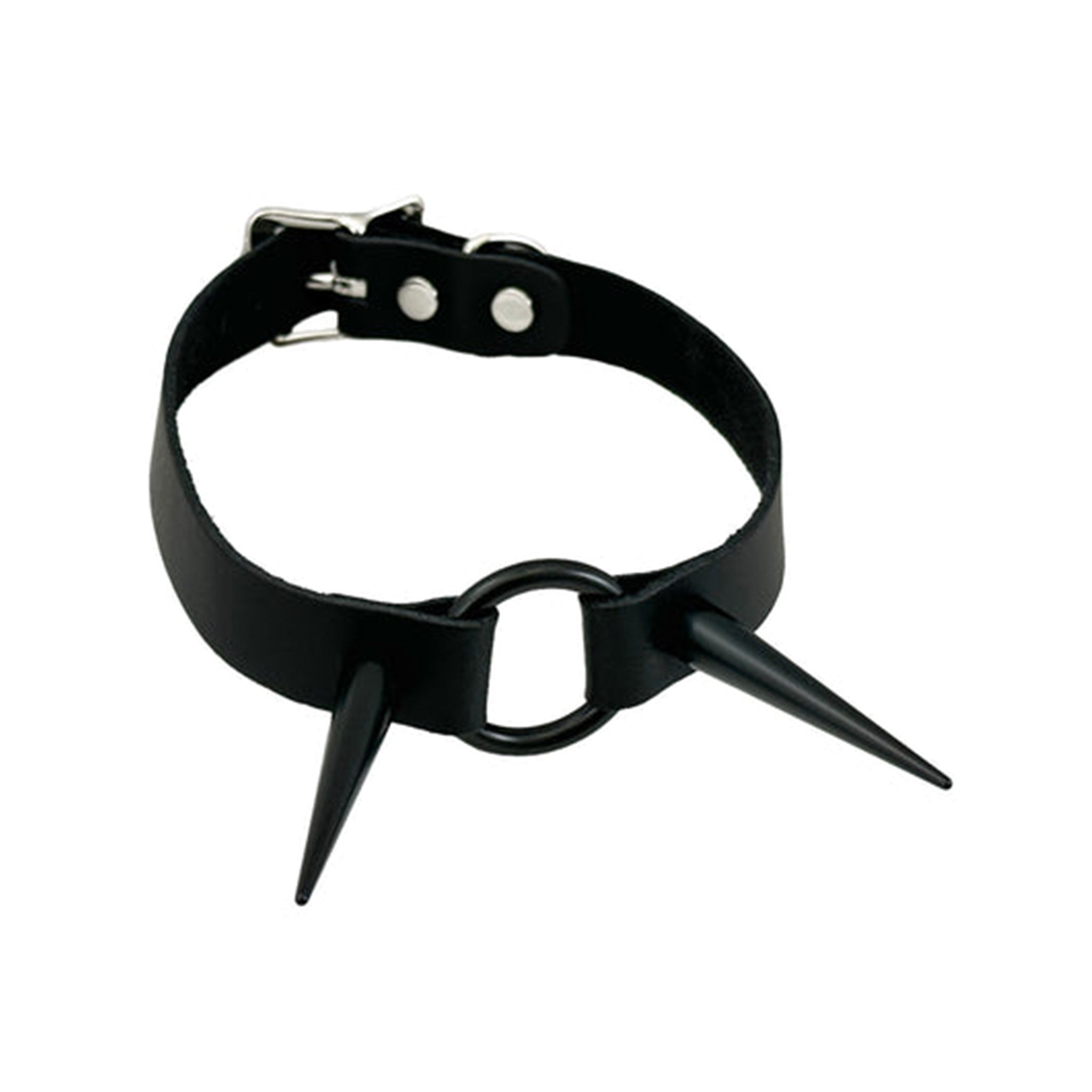 Leather genuine collar choker spike spikes spiked pin long O-ring adjustable buckle alt-fashion fetish-fashion bondage bdsm fetish kink accessories black