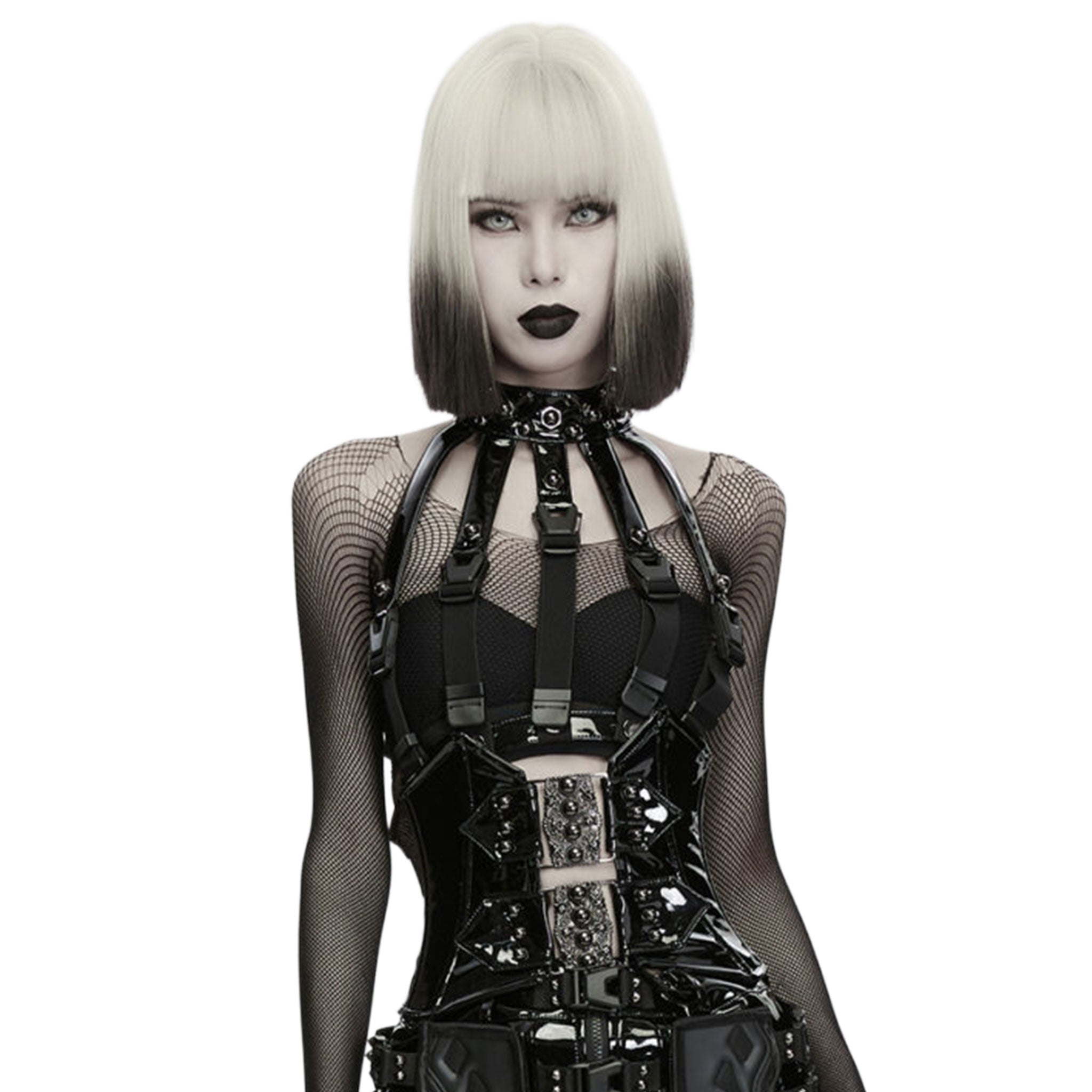 PVC vinyl leather patent-leather cotton nylon metallic-grommets corset cincher skull-motif skulls studs studded front-closure clasp-closure skull-motif cotton-lining modesty-panel adjustable nylon-cording shiny high-gloss glossy ornate fetish fashion alt-fashion alternative punk goth gothic cyber cyberpunk afterdark-collection costume cosplay halloween female femme feminine womens black
