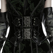 PVC vinyl leather patent-leather cotton nylon metallic-grommets corset cincher skull-motif skulls studs studded front-closure clasp-closure skull-motif cotton-lining modesty-panel adjustable nylon-cording shiny high-gloss glossy ornate fetish fashion alt-fashion alternative punk goth gothic cyber cyberpunk afterdark-collection costume cosplay halloween female femme feminine womens black