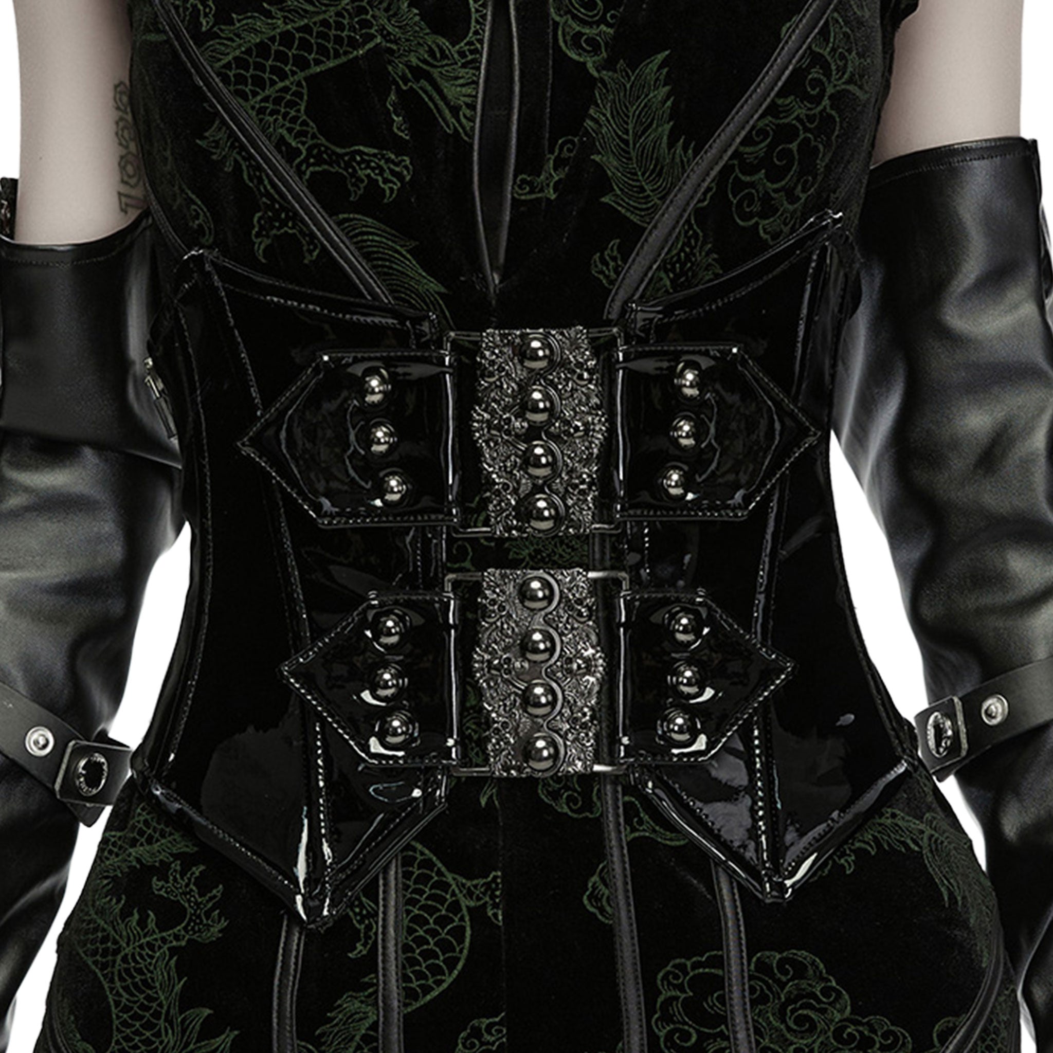 PVC vinyl leather patent-leather cotton nylon metallic-grommets corset cincher skull-motif skulls studs studded front-closure clasp-closure skull-motif cotton-lining modesty-panel adjustable nylon-cording shiny high-gloss glossy ornate fetish fashion alt-fashion alternative punk goth gothic cyber cyberpunk afterdark-collection costume cosplay halloween female femme feminine womens black