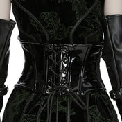 PVC vinyl leather patent-leather cotton nylon metallic-grommets corset cincher skull-motif skulls studs studded front-closure clasp-closure skull-motif cotton-lining modesty-panel adjustable nylon-cording shiny high-gloss glossy ornate fetish fashion alt-fashion alternative punk goth gothic cyber cyberpunk afterdark-collection costume cosplay halloween female femme feminine womens black
