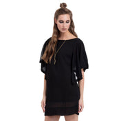 Polyester taffeta crushed-taffeta sheer seethru see-thru transparent semi-transparent apparel dress mini-dress minidress v-neck drape-sleeve sleeves sleeved wide-neckline sheer-panel zipper side-zip hidden-zip lightweight breathable fashion alt-fashion goth gothic goth-doll cyber cyber-punk cyber-goth casual female femme feminine womens black