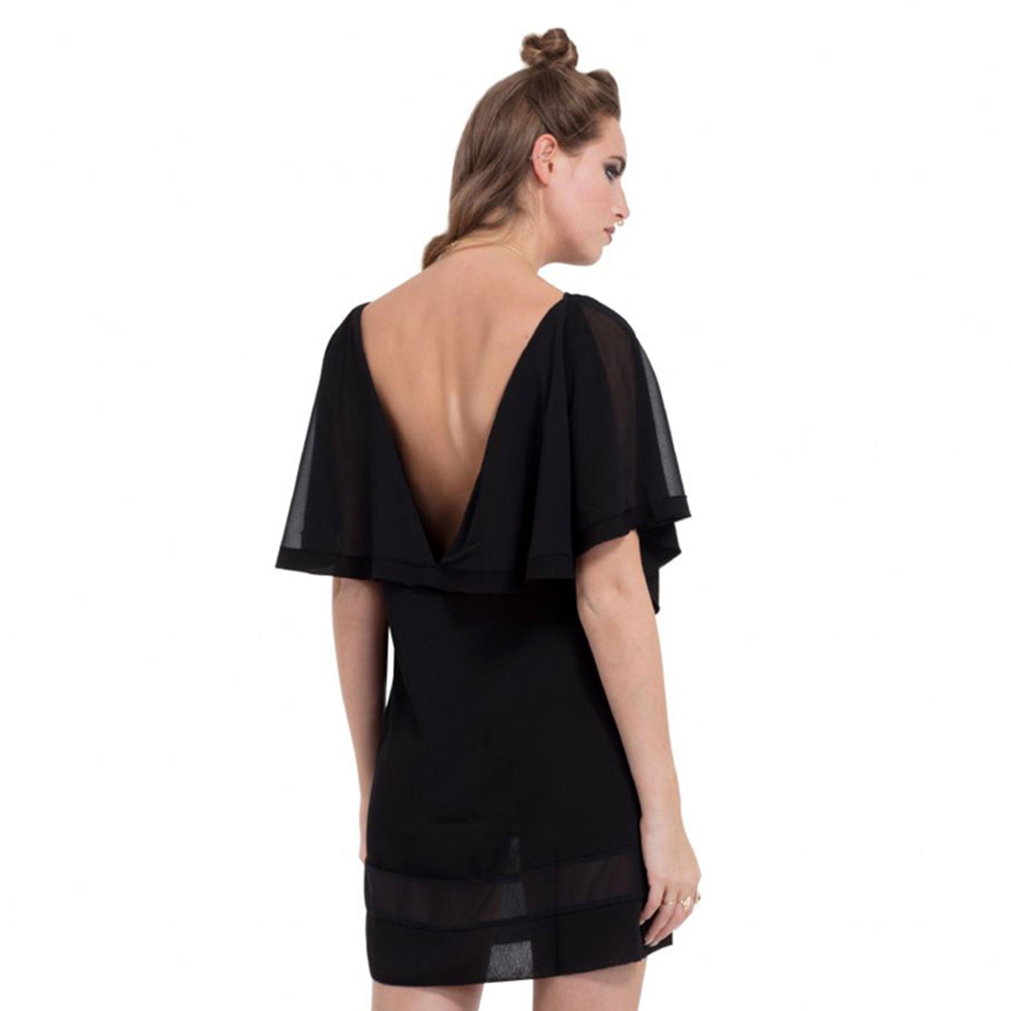 Polyester taffeta crushed-taffeta sheer seethru see-thru transparent semi-transparent apparel dress mini-dress minidress v-neck drape-sleeve sleeves sleeved wide-neckline sheer-panel zipper side-zip hidden-zip lightweight breathable fashion alt-fashion goth gothic goth-doll cyber cyber-punk cyber-goth casual female femme feminine womens black