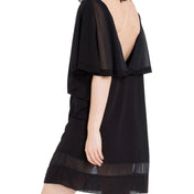 Polyester taffeta crushed-taffeta sheer seethru see-thru transparent semi-transparent apparel dress mini-dress minidress v-neck drape-sleeve sleeves sleeved wide-neckline sheer-panel zipper side-zip hidden-zip lightweight breathable fashion alt-fashion goth gothic goth-doll cyber cyber-punk cyber-goth casual female femme feminine womens black