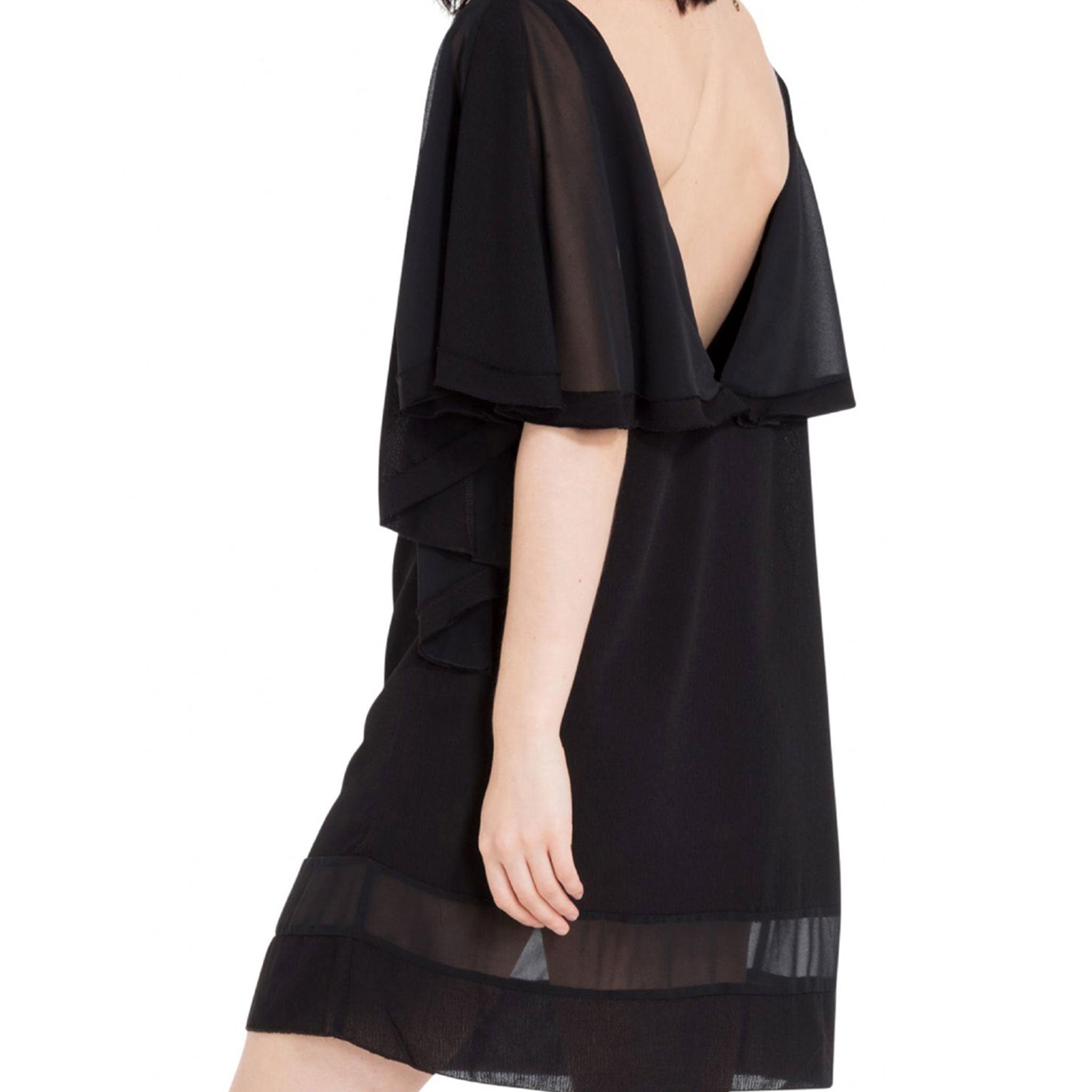 Polyester taffeta crushed-taffeta sheer seethru see-thru transparent semi-transparent apparel dress mini-dress minidress v-neck drape-sleeve sleeves sleeved wide-neckline sheer-panel zipper side-zip hidden-zip lightweight breathable fashion alt-fashion goth gothic goth-doll cyber cyber-punk cyber-goth casual female femme feminine womens black