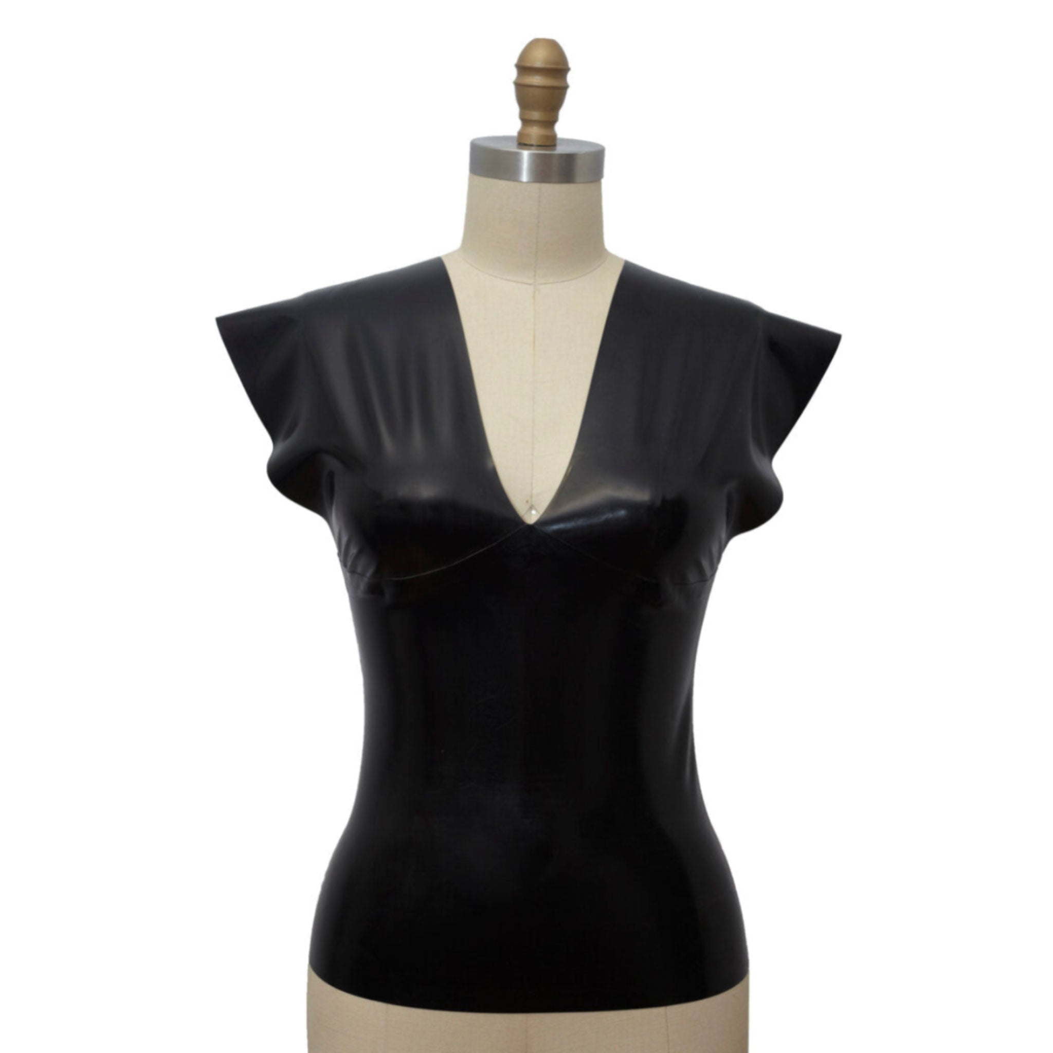 Latex natural sheeting top shirt drop-shoulder cap-sleeve bold shoulder exaggerated deep-v neckline v-back fetish fetishwear fetish-wear fashion edgy female femme feminine women black smoke smoky transparent