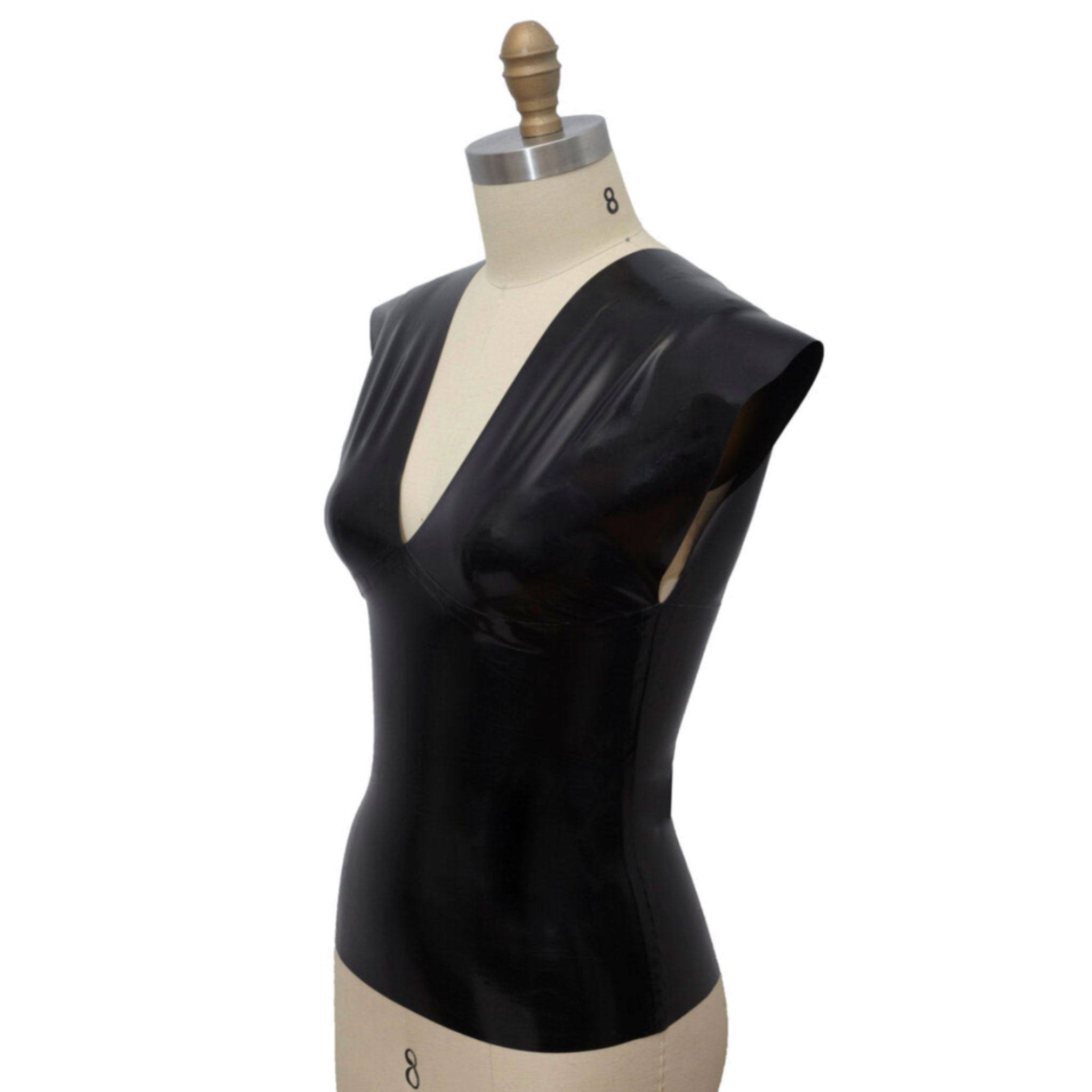 Latex natural sheeting top shirt drop-shoulder cap-sleeve bold shoulder exaggerated deep-v neckline v-back fetish fetishwear fetish-wear fashion edgy female femme feminine women black smoke smoky transparent