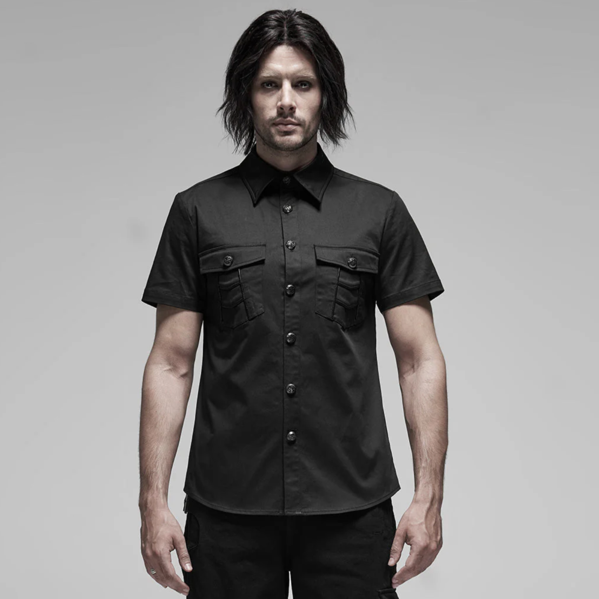 dual pocket short sleeve top black punk shirt button down metal buttons fitted shirt cotton spandex gothic fashion alternative mens shirt