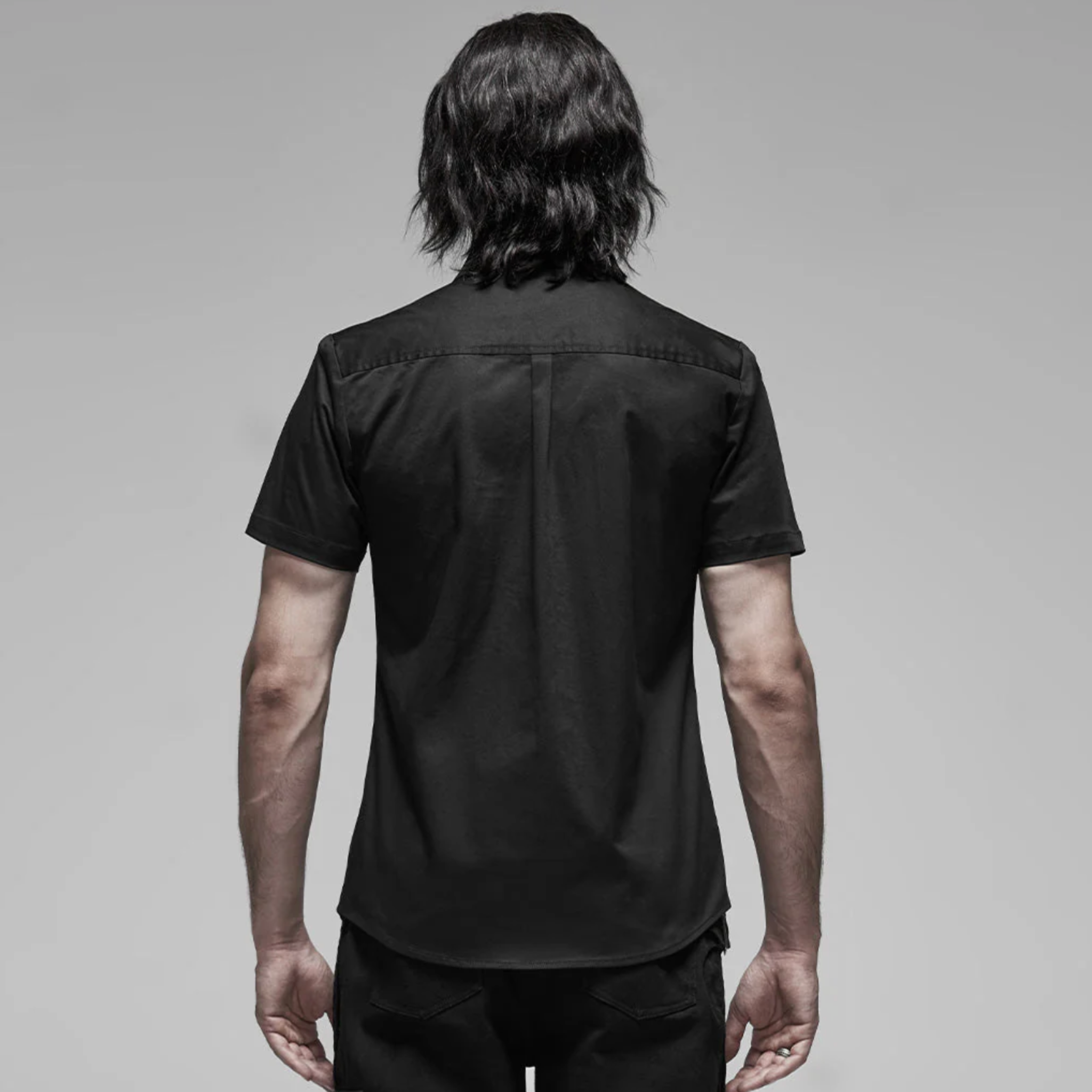 dual pocket short sleeve top black punk shirt button down metal buttons fitted shirt cotton spandex gothic fashion alternative mens shirt
