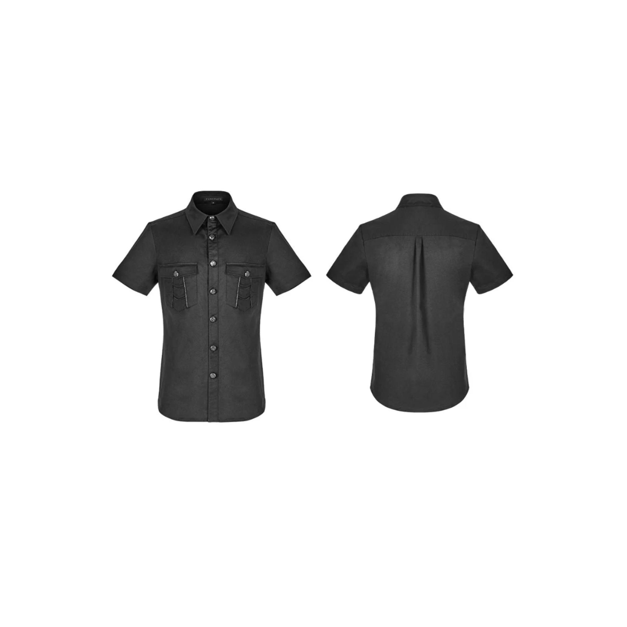dual pocket short sleeve top black punk shirt button down metal buttons fitted shirt cotton spandex gothic fashion alternative mens shirt