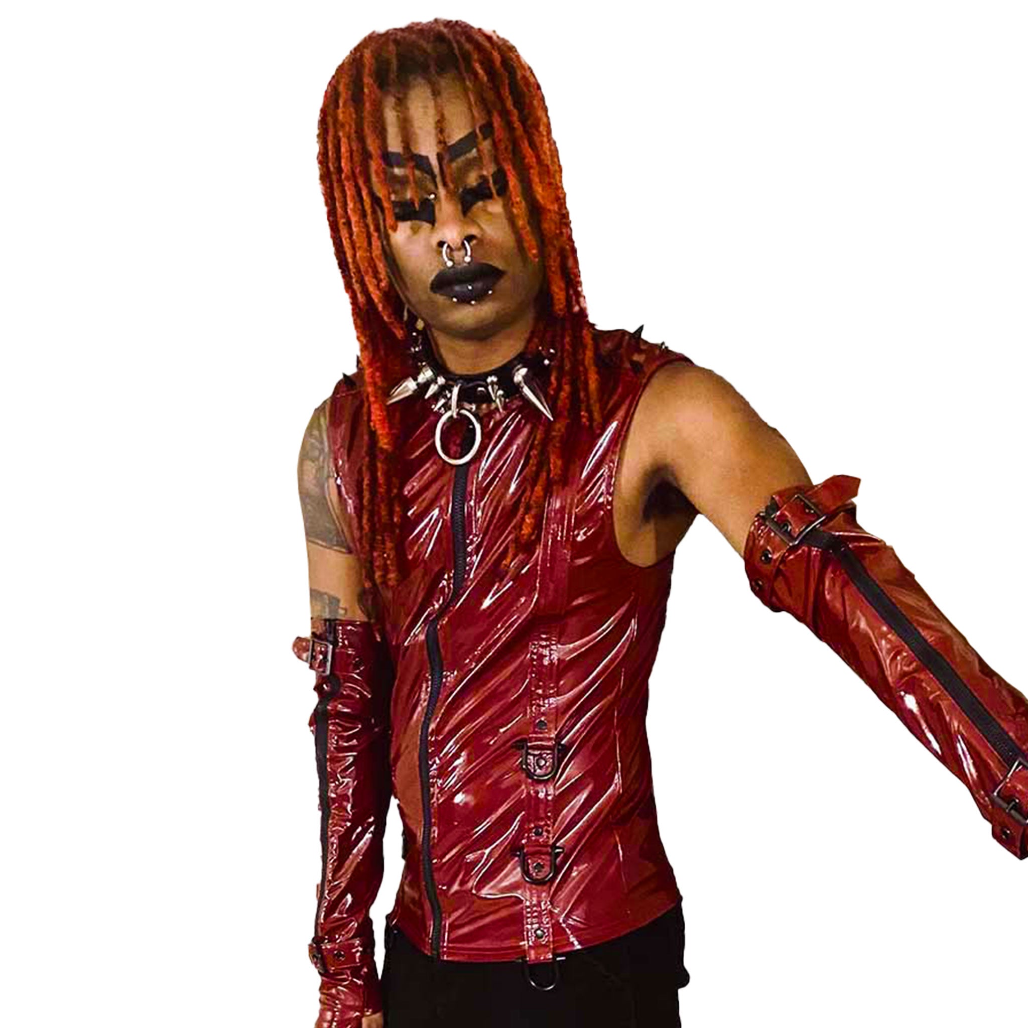 PVC vinyl glossy top shirt sleeveless vest shoulder spiked spikes D-ring front zip fetish wear fashion dungeon master red crimson vampire black